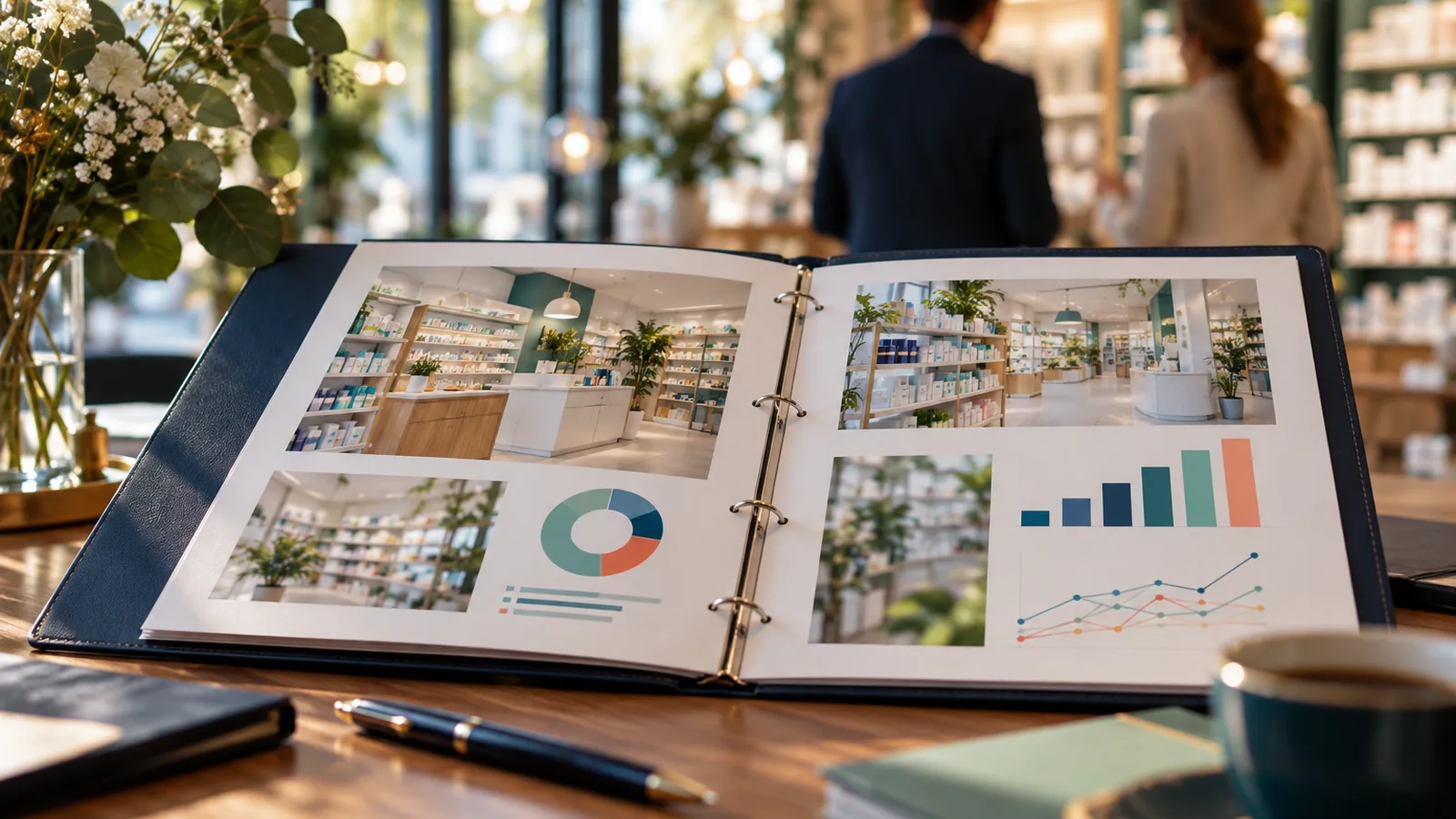 Beau classeur de présentation ouvert avec photos floues d’officine et graphiques colorés, dossier de présentation