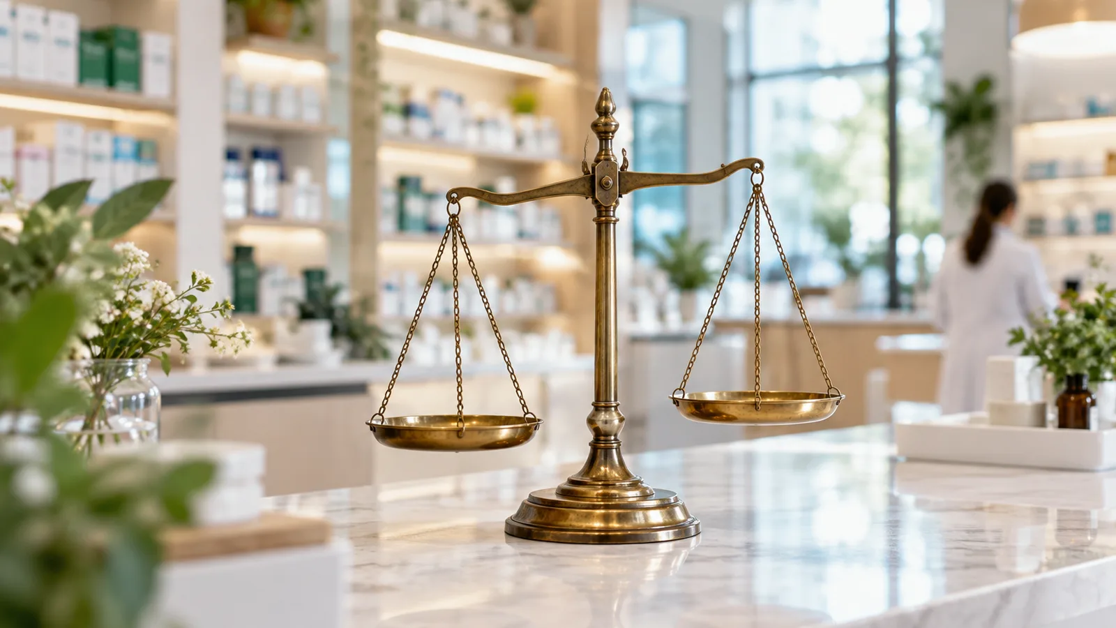 Balance de précision ancienne en laiton posée sur un comptoir de pharmacie moderne, estimer la valeur d’une pharmacie