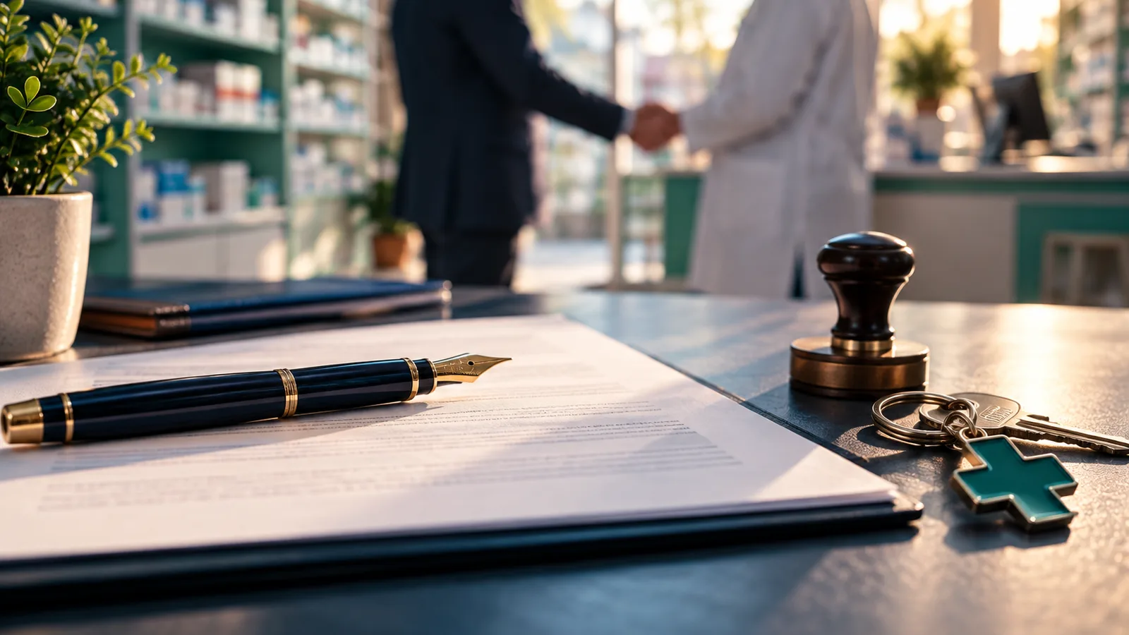 Stylo plume posé sur un contrat aux lignes illisibles, étapes juridiques de la cession d’officine