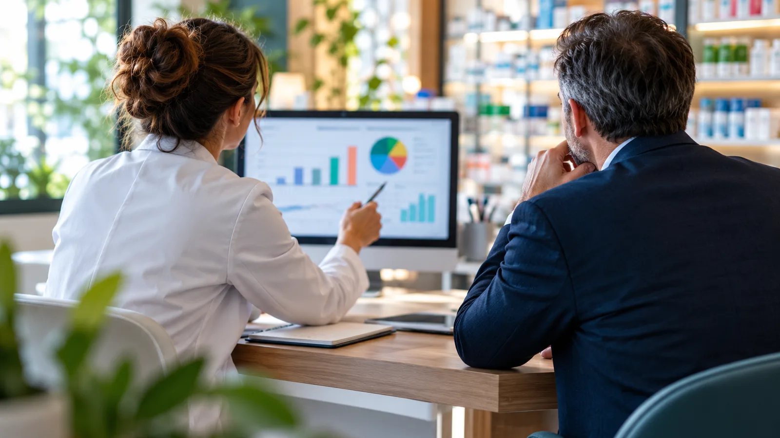 Tableau financier coloré flou sur un écran dans un bureau d’officine, excédent brut d’exploitation