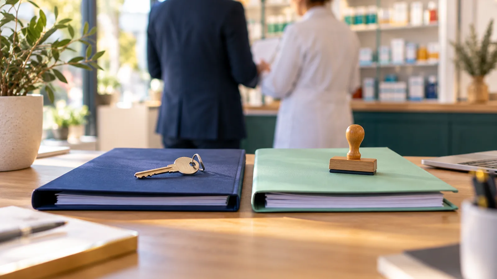 Deux dossiers colorés côte à côte sur un bureau, vendre le fonds ou les parts