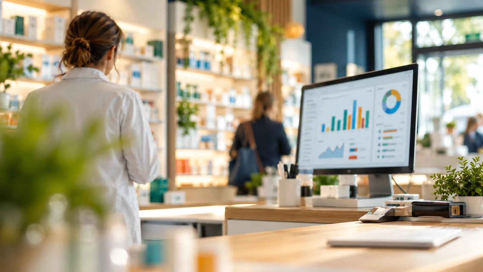 Tableau de bord financier coloré flou sur un écran dans une officine, méthodes de valorisation d’une officine