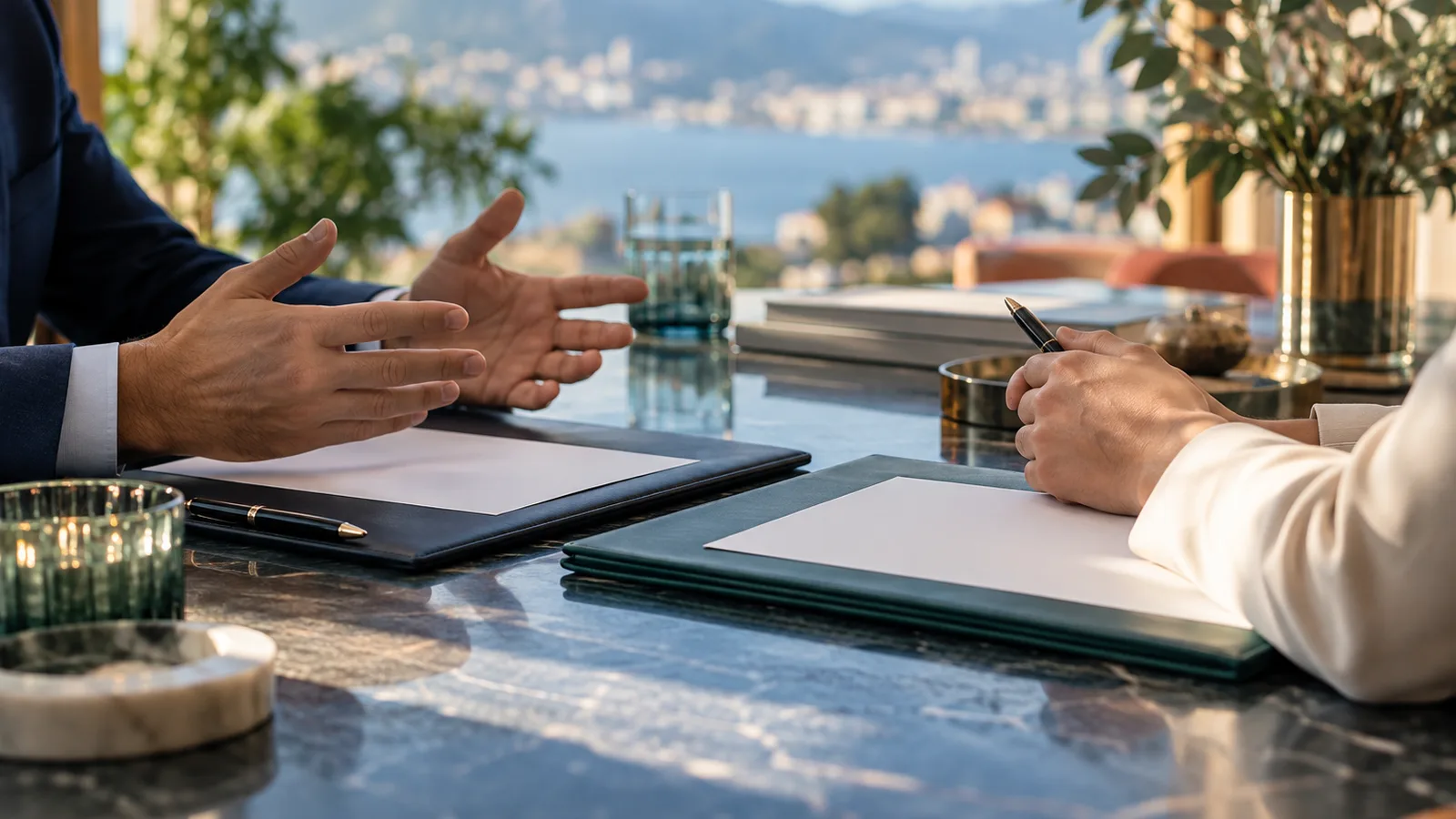 Deux mains sur une table de négociation avec dossiers et stylos, négocier le prix de vente