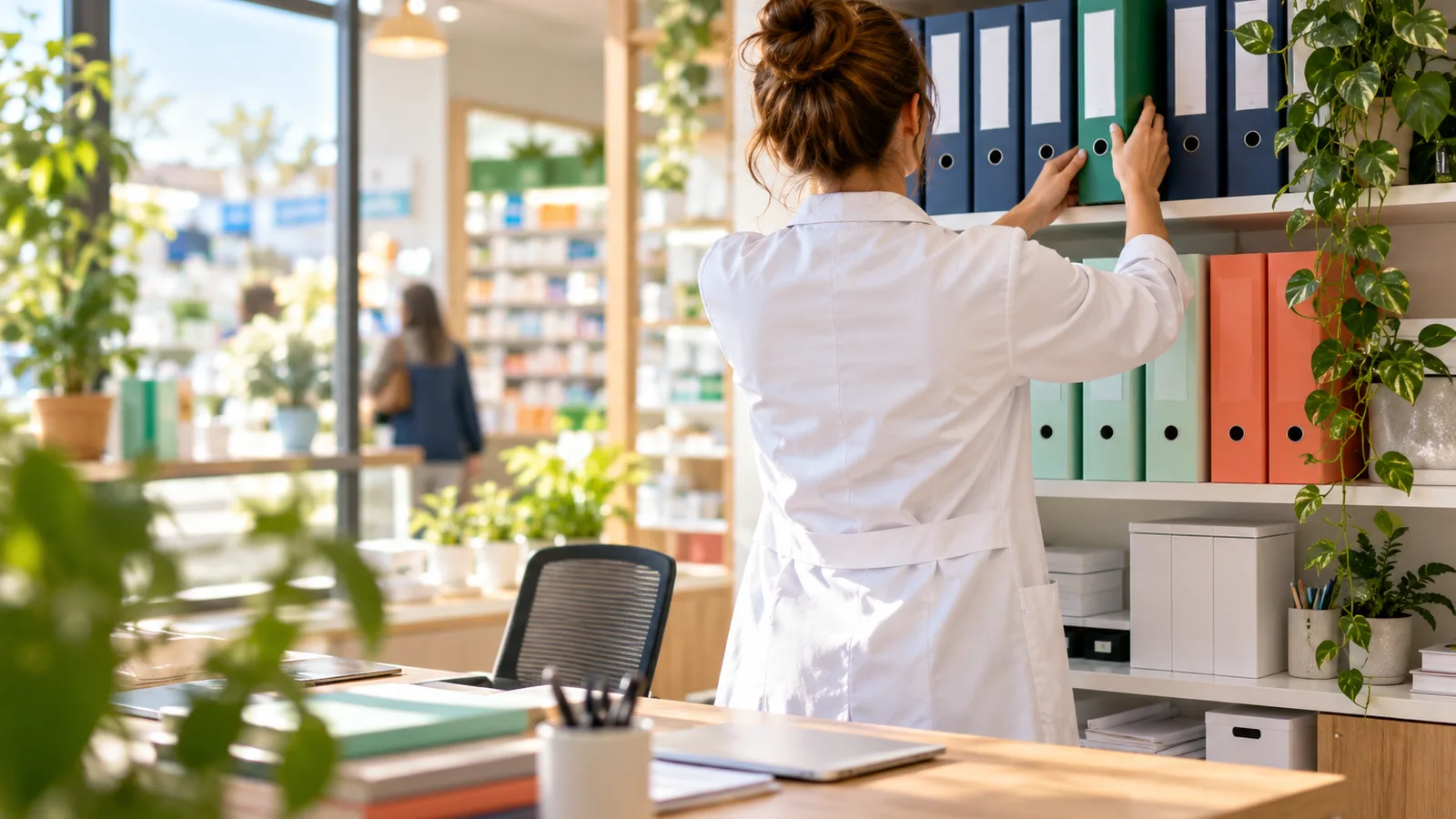 Pharmacien de dos qui range méthodiquement des classeurs colorés dans le bureau de l’officine, préparer la vente de sa pharmacie