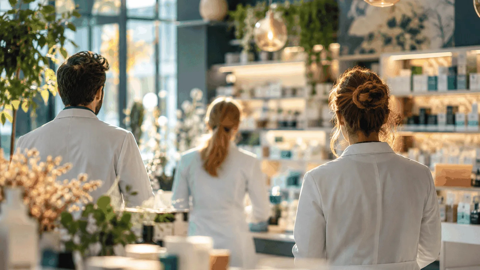 Trois silhouettes de pharmaciens de dos dans une officine moderne, profil des acquéreurs