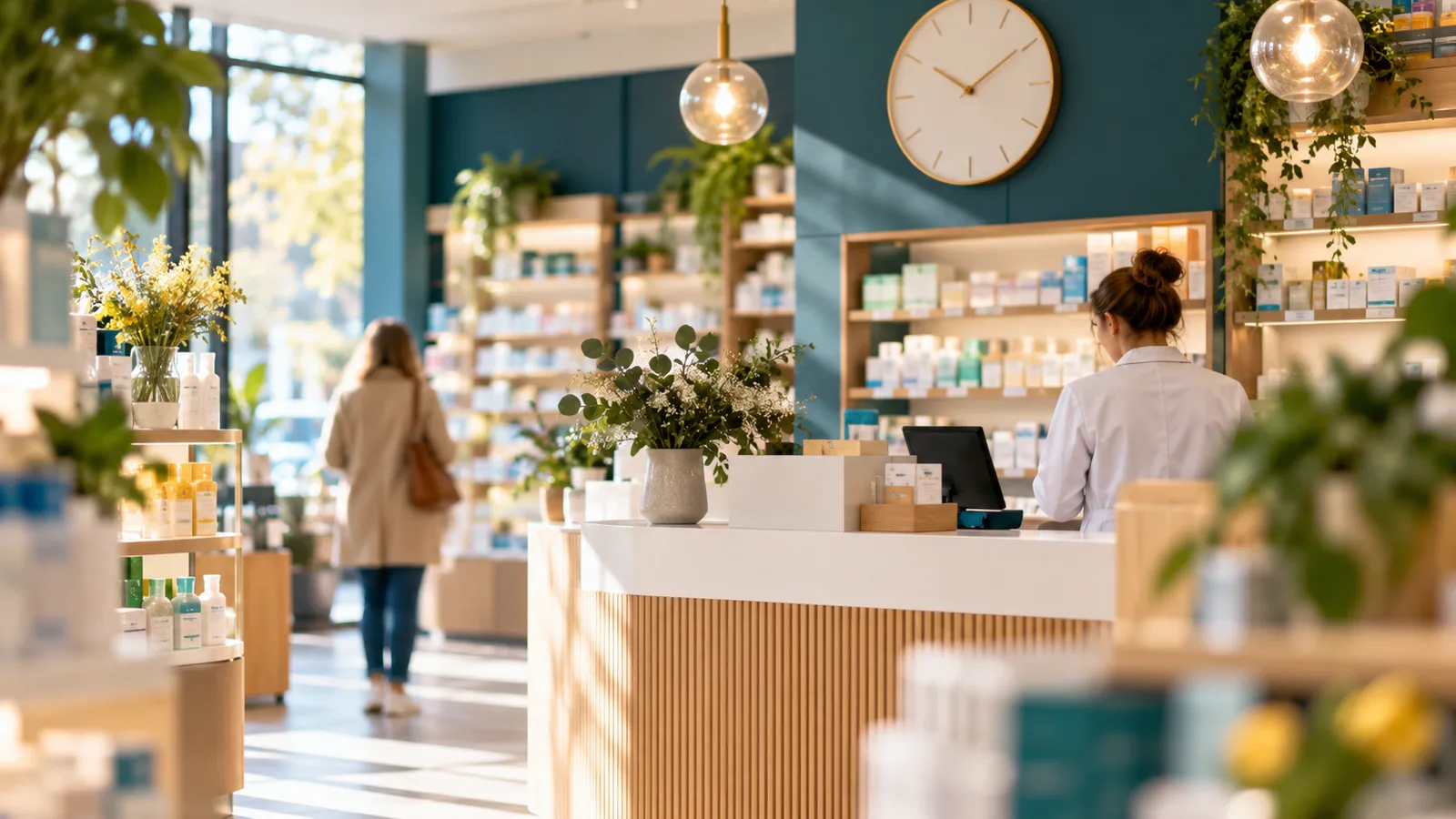 Horloge murale élégante au-dessus du comptoir d’une officine lumineuse, moment idéal pour vendre sa pharmacie