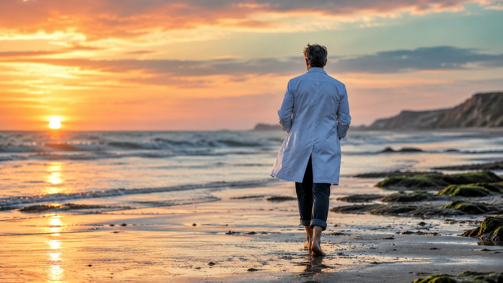 Pharmacien de dos marchant sur une plage du Nord au coucher du soleil, retraite du pharmacien titulaire
