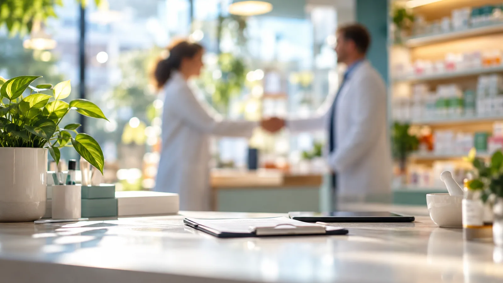 Deux pharmaciens vus de profil flou échangeant autour d’un comptoir, trouver un acquéreur pour sa pharmacie