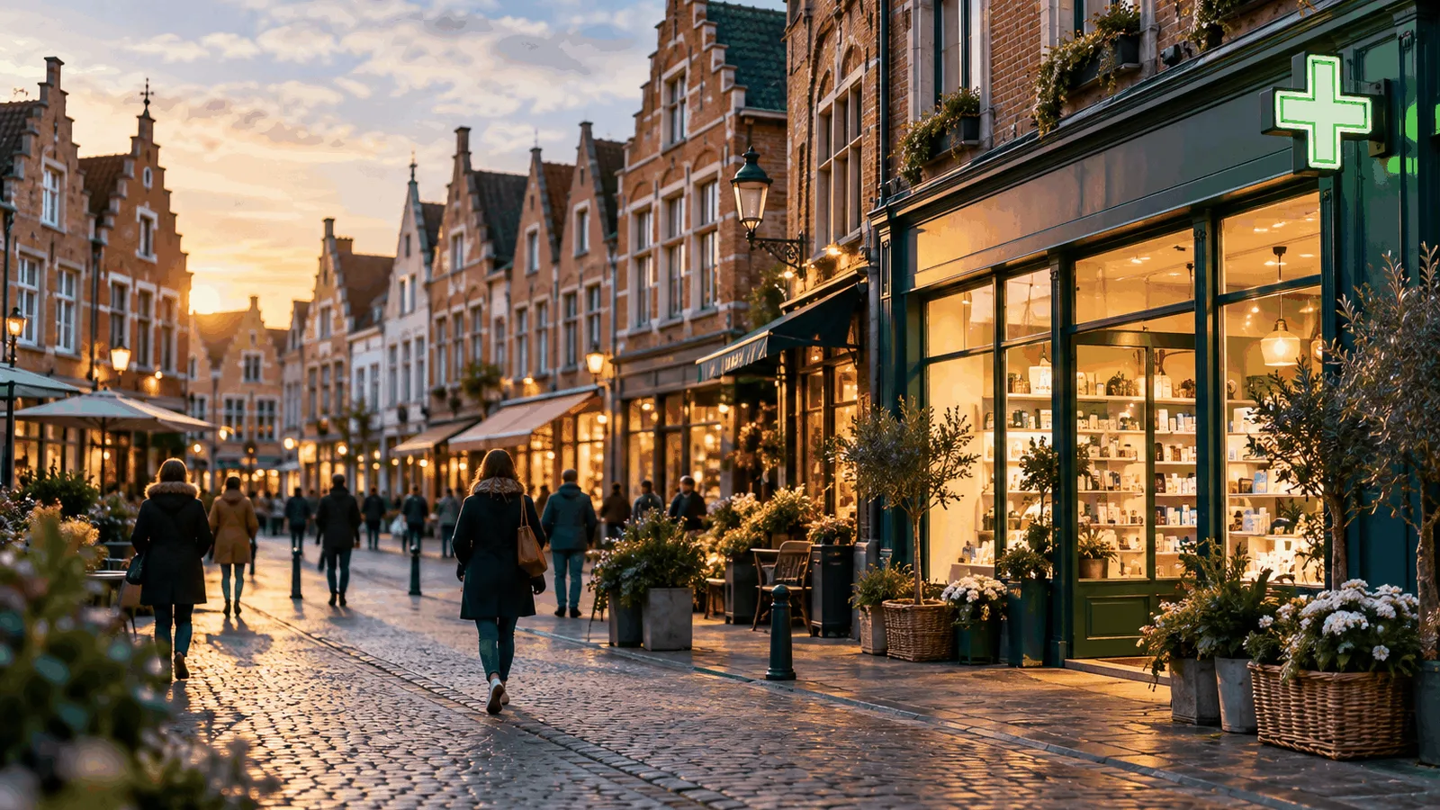 Rue commerçante typique des Hauts-de-France avec façades en briques et pignons flamands, vendre sa pharmacie dans les Hauts-de-France