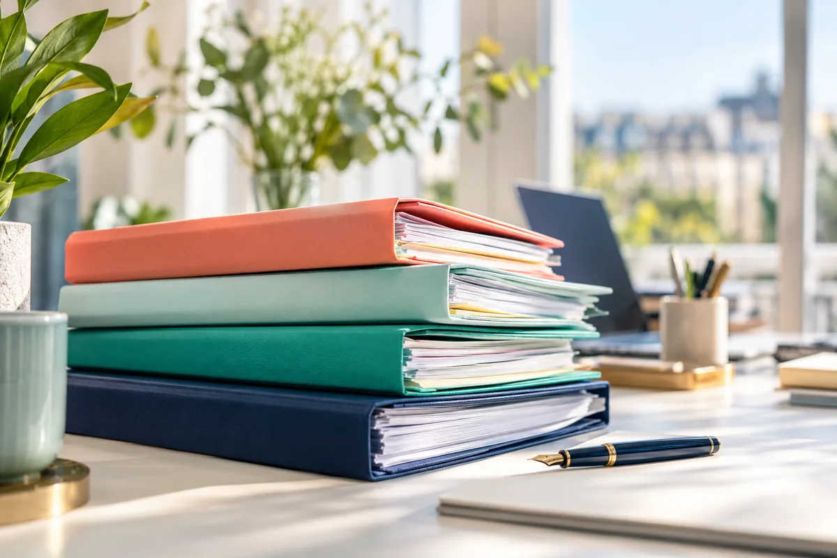 Pile de dossiers colorés et stylo plume sur un bureau clair près d’une fenêtre, vendre sa pharmacie