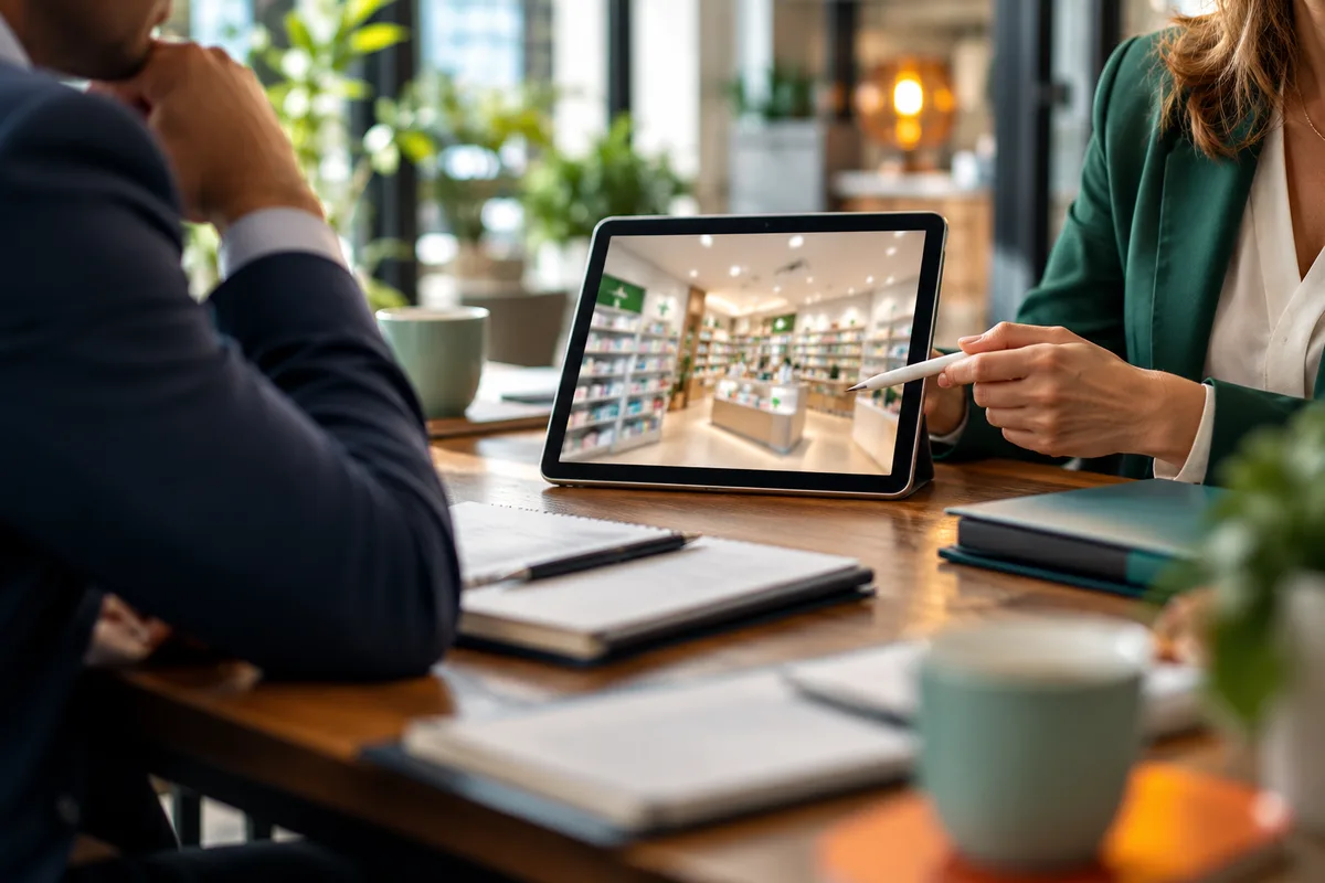 Tablette montrant une photo floue d’officine lumineuse, dossier de présentation