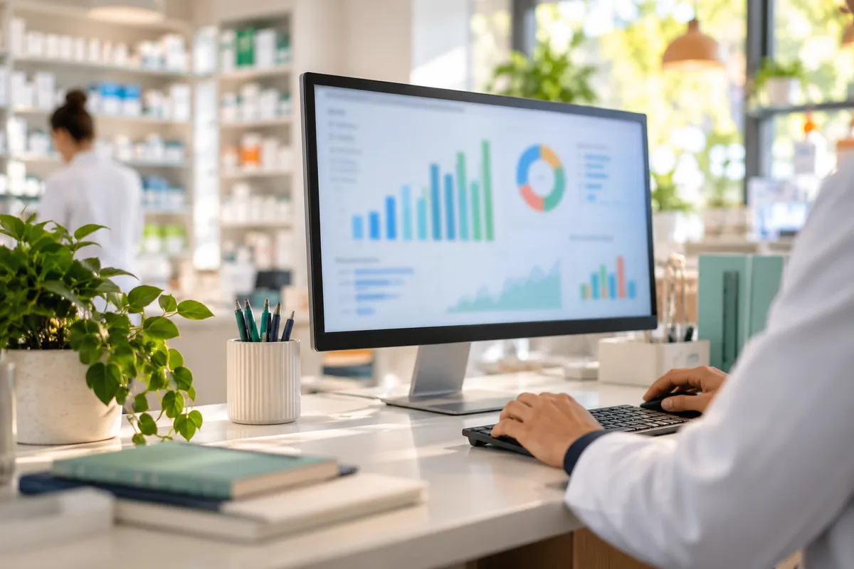 Graphiques financiers colorés flous sur un écran d’ordinateur dans l’arrière-boutique d’une officine, estimer la valeur d’une pharmacie