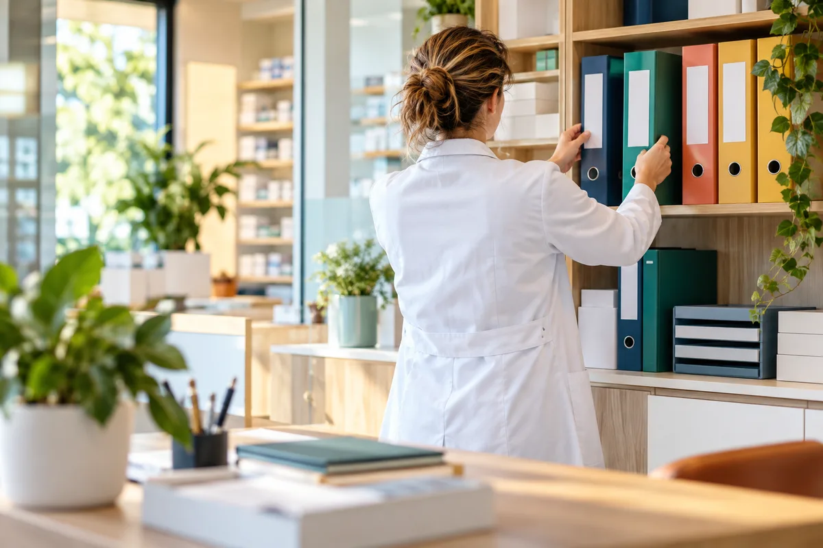 Mains tenant une calculatrice au-dessus de bilans comptables aux chiffres illisibles, estimer la valeur d’une pharmacie