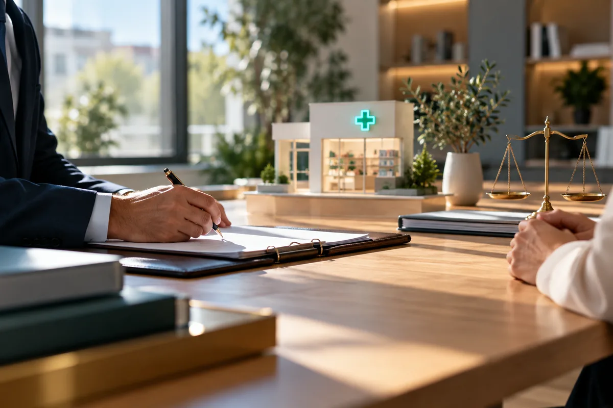 Bureau de notaire moderne avec parapheur et dossiers, étapes juridiques de la cession d’officine