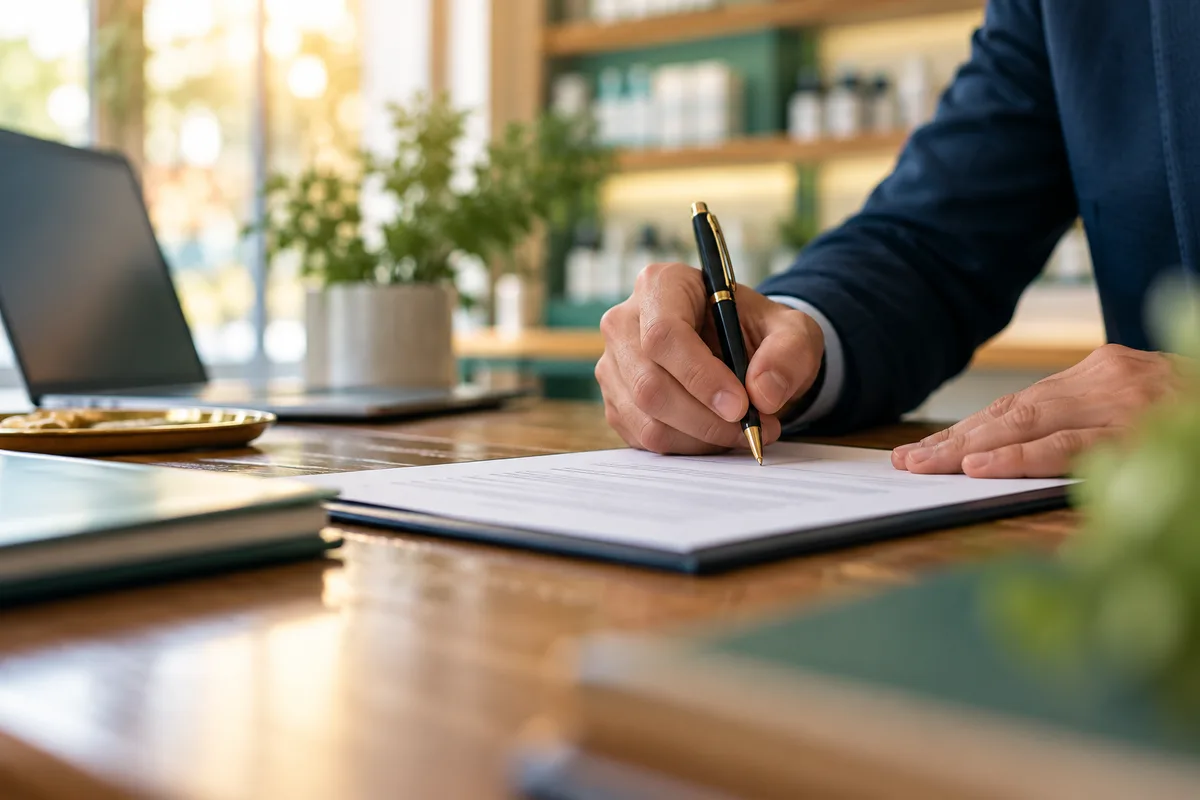 Main qui signe un document illisible sur une table en bois, étapes juridiques de la cession d’officine
