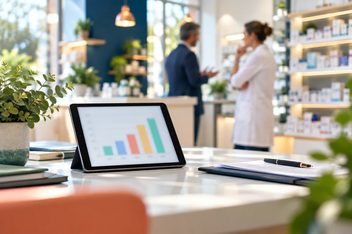 Graphique en barres coloré flou sur une tablette posée sur un bureau, fiscalité de la vente d’une pharmacie