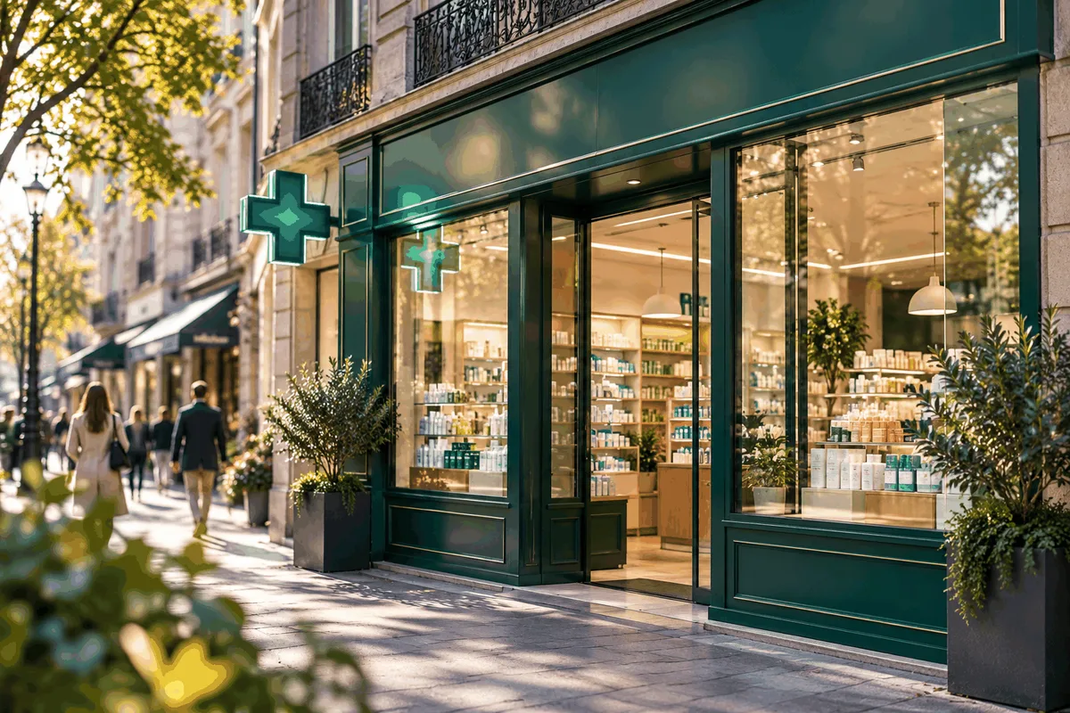 Façade d’officine sans enseigne lisible dans une rue commerçante, vendre le fonds ou les parts