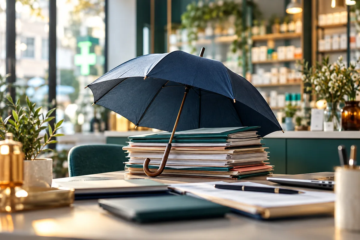 Parapluie ouvert posé sur une pile de dossiers, garantie d’actif et de passif