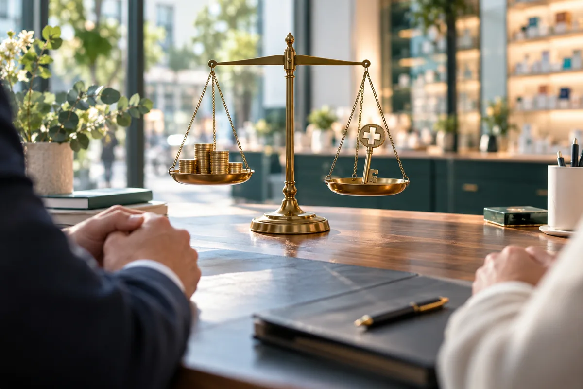 Balance en laiton avec pièces d’un côté et clé de l’autre, méthodes de valorisation d’une officine