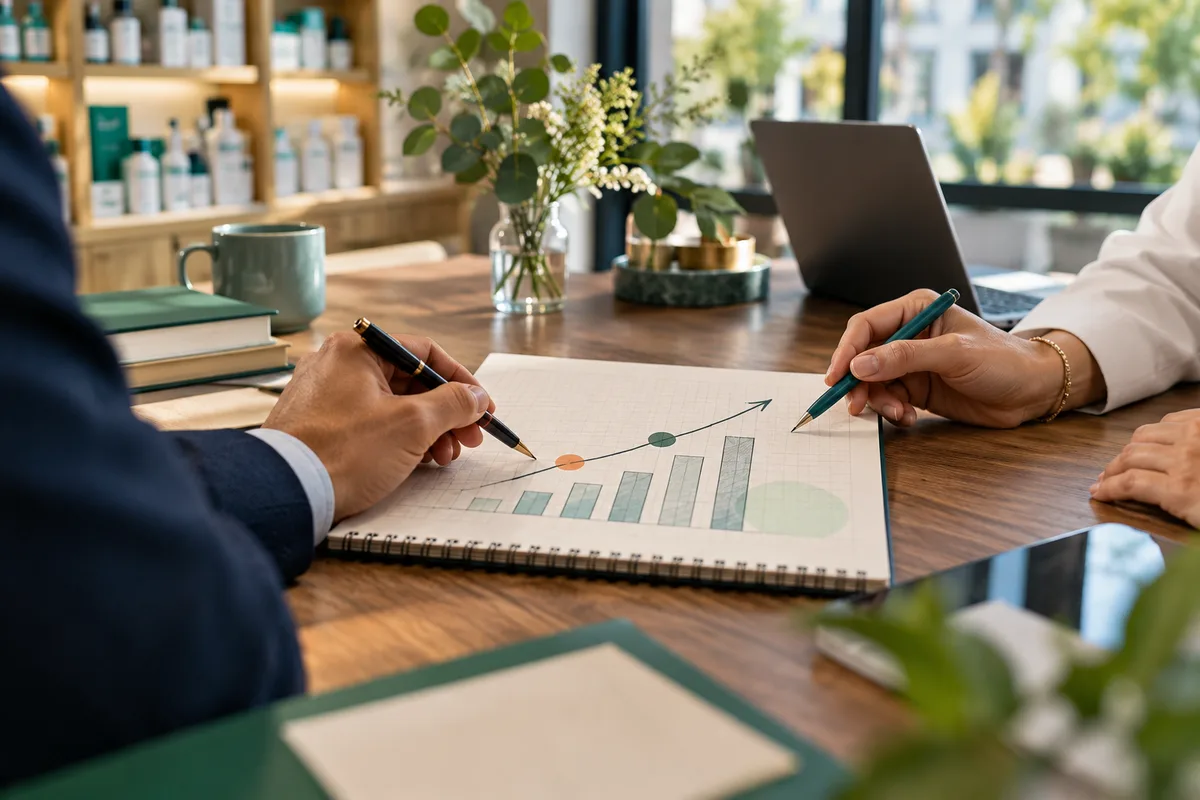 Mains traçant un graphique sur papier quadrillé, méthodes de valorisation d’une officine