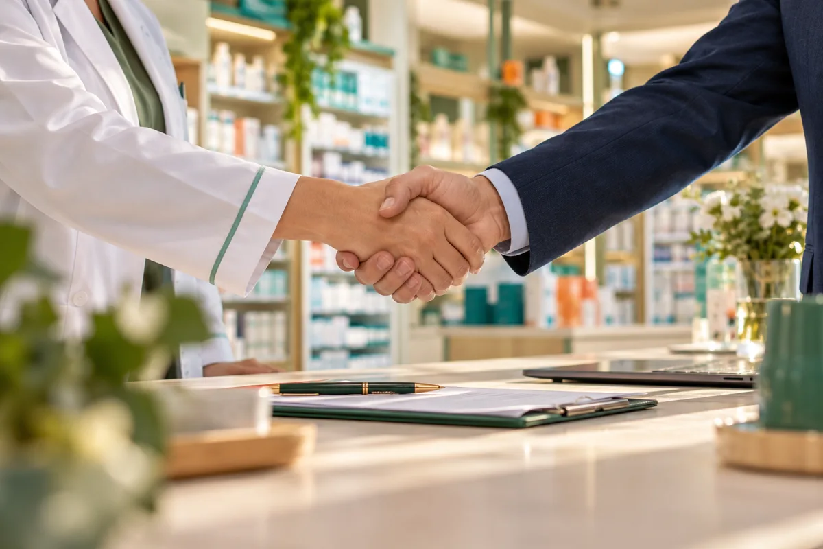Poignée de main au-dessus d’un bureau lumineux, négocier le prix de vente