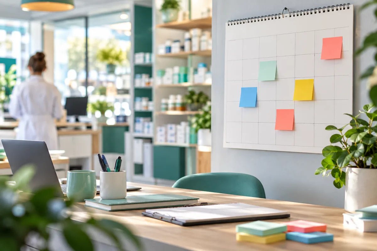 Calendrier mural vierge et post-it colorés sans texte dans un bureau, préparer la vente de sa pharmacie