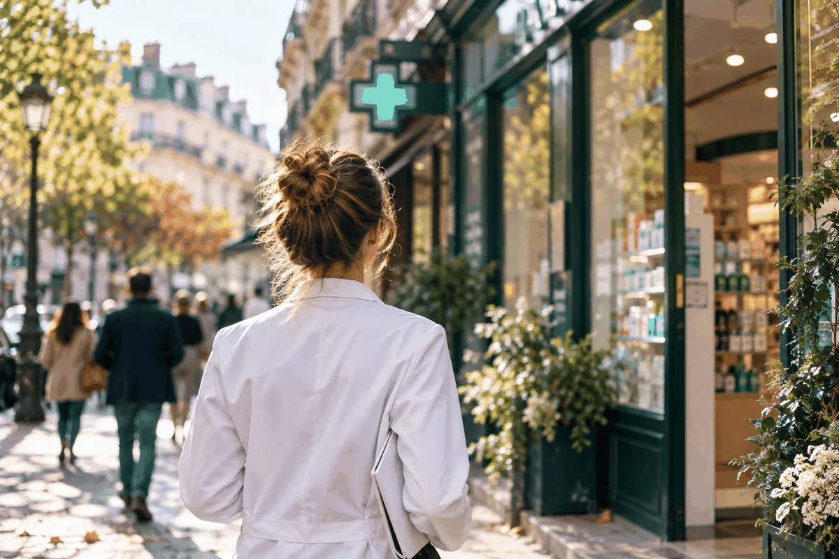 Jeune pharmacienne de dos avec un dossier sous le bras dans la rue, profil des acquéreurs