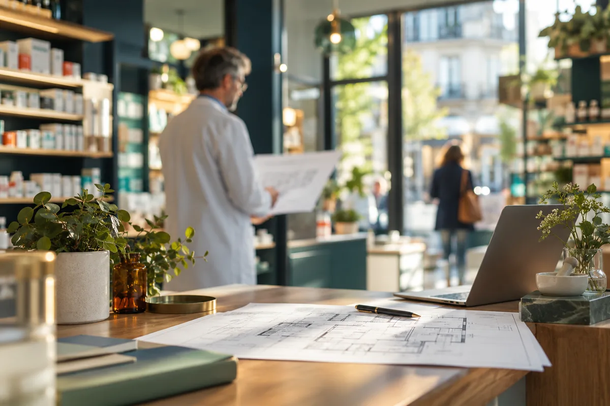 Pharmacien expérimenté de profil flou regardant des plans, profil des acquéreurs