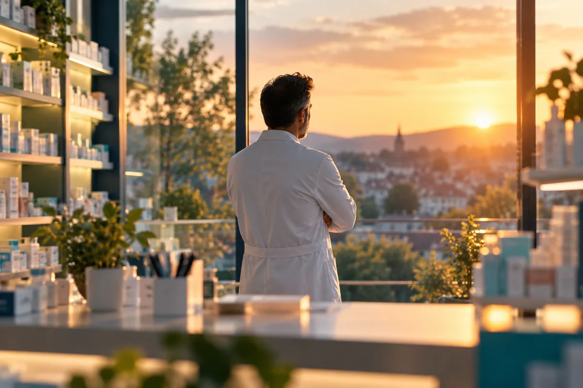 Pharmacien de dos à sa fenêtre au soleil couchant, moment idéal pour vendre sa pharmacie