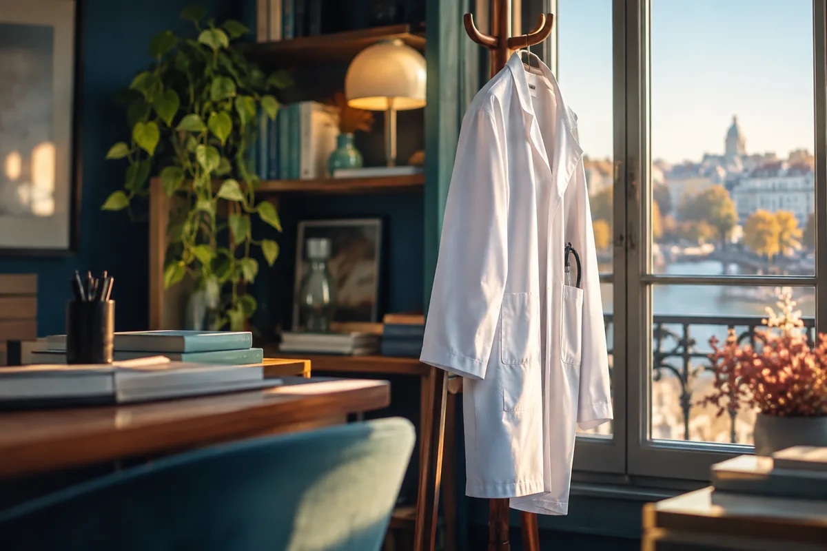 Blouse blanche suspendue à un portemanteau près d’une fenêtre, retraite du pharmacien titulaire