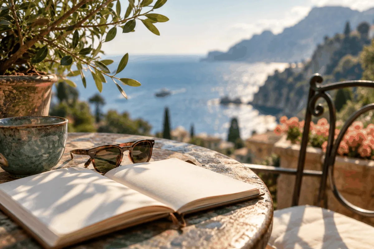 Carnet de voyage et lunettes posés sur une table de jardin, retraite du pharmacien titulaire