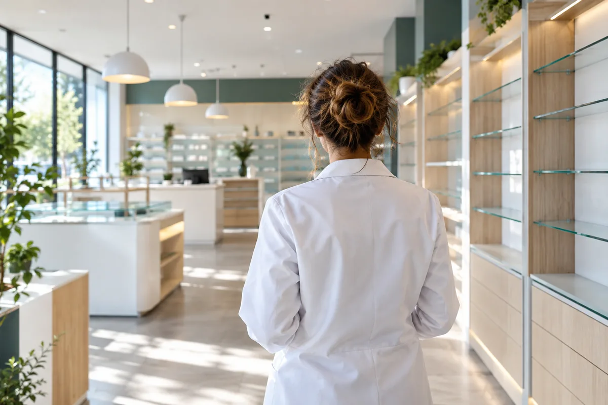 Jeune pharmacienne de dos découvrant une officine vide et lumineuse, trouver un acquéreur pour sa pharmacie