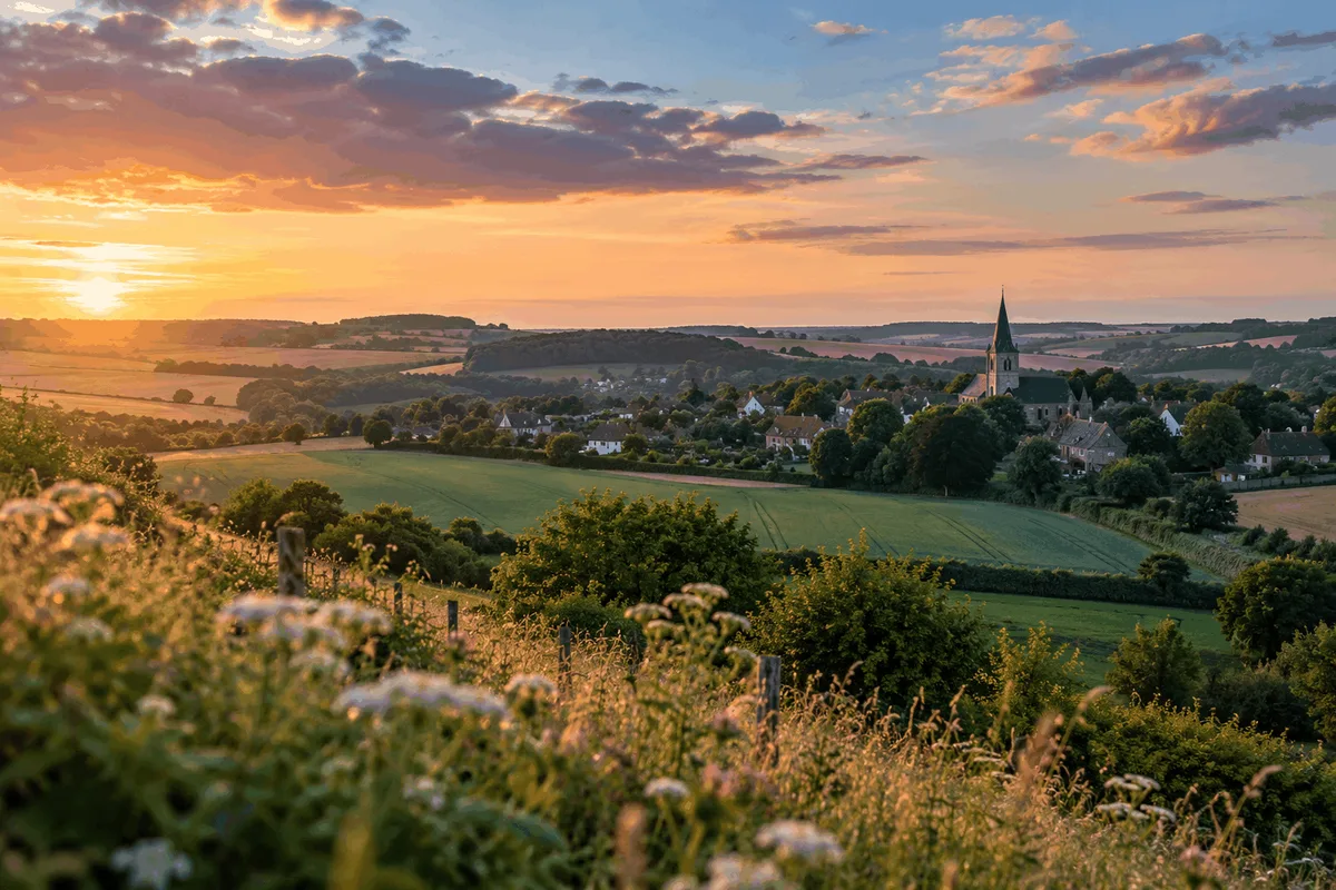 Paysage de campagne du Pas-de-Calais avec village et clocher au loin, vendre sa pharmacie dans les Hauts-de-France